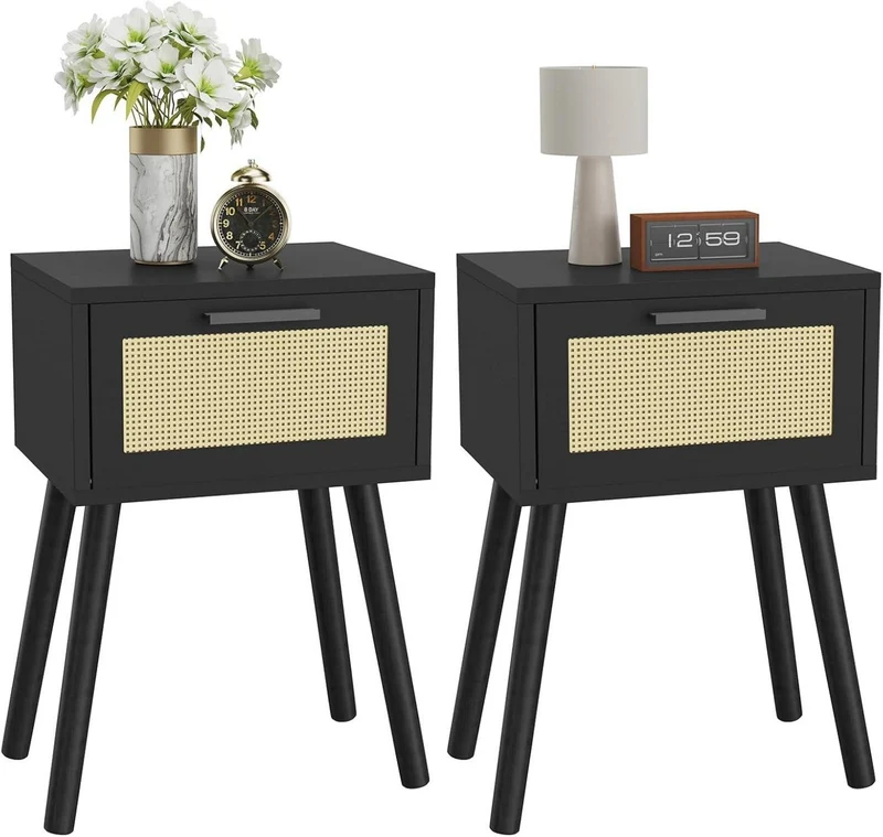 YMYNY Rattan Nachttisch Set mit Magnetschublade, Massivholz