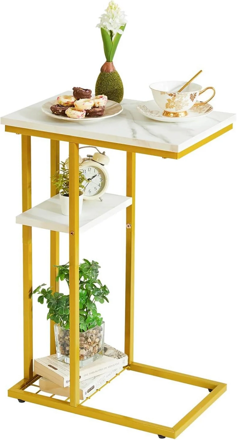 YMYNY Beistelltisch Kaffeetisch C-Form weiß Gold