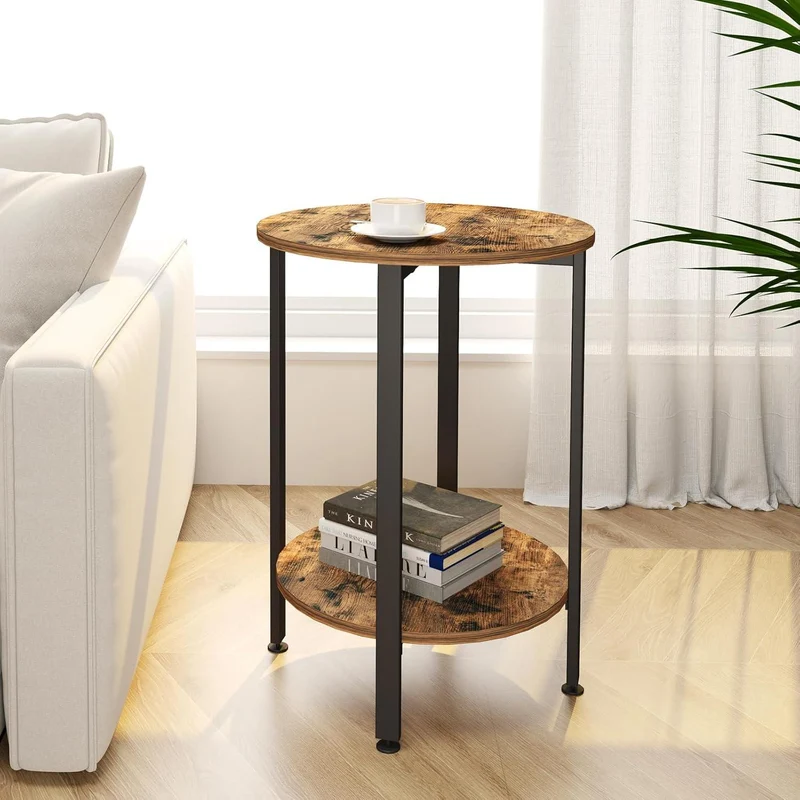 Runder Beistelltisch mit Holztablett, Schwarz Metallgestell