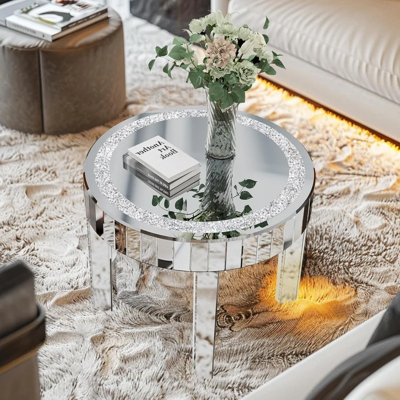 Runder Silber Kristall Beistelltisch Ø60cm Glas Luxus Modern