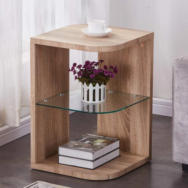 Beistelltisch Rund Holz Glas Moderner Wohnzimmertisch