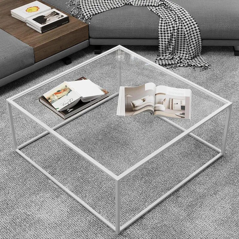 Quadratischer Glas Couchtisch Weiß 67x67x40 cm Metallgestell
