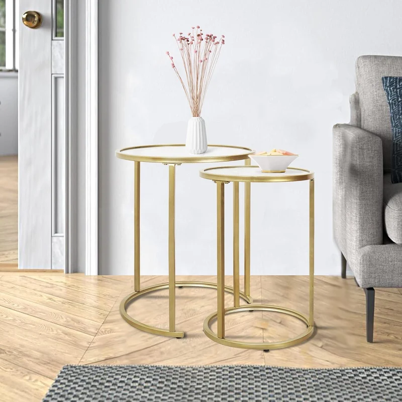 Gold Beistelltisch-Set Rund 2 Moderne Couchtische Metall