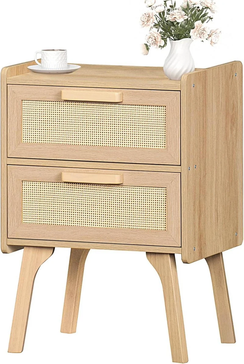 Nachttisch Rattan Beistelltisch 2 Schubladen Boho Holz