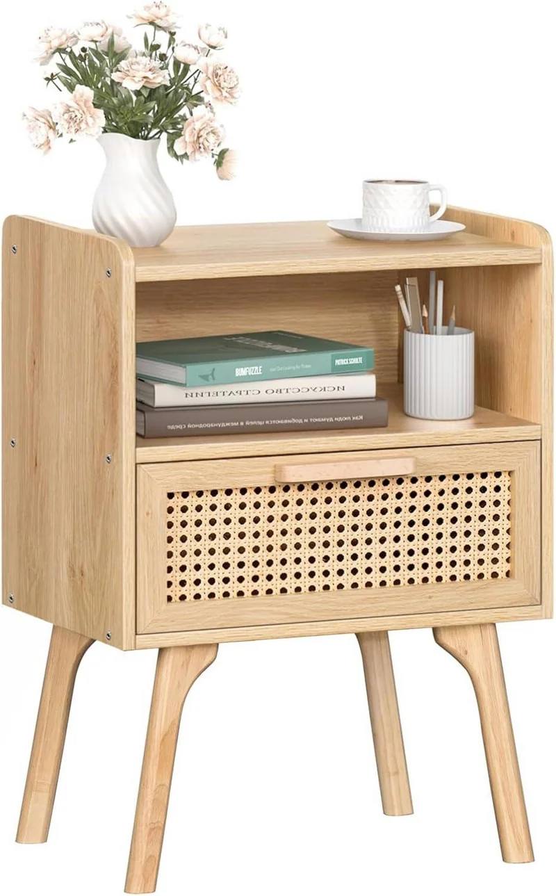 Nachttisch Rattan Boho mit Schublade und Regal aus Holz