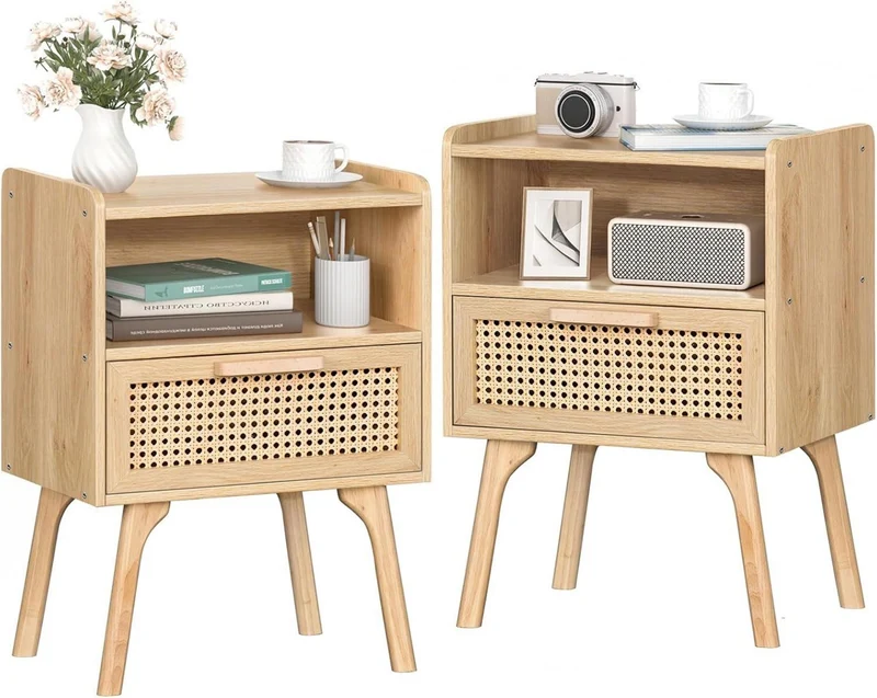 Nachttisch 2er Set Rattan Boho mit Schublade und