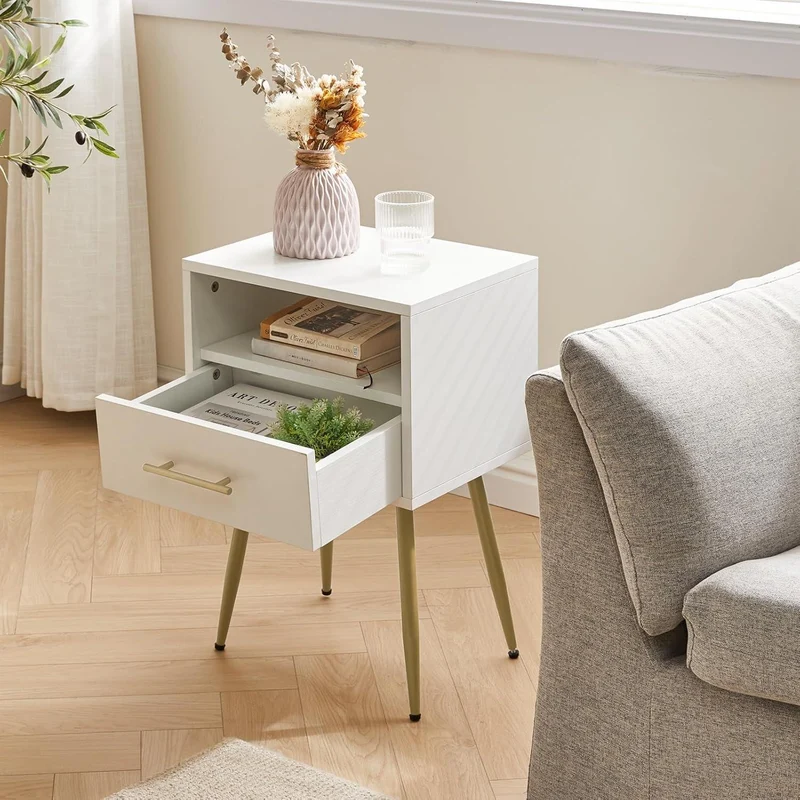 Nachttisch im Mid-Century Modern Stil mit 2 Etagen Stauraum, Weiß