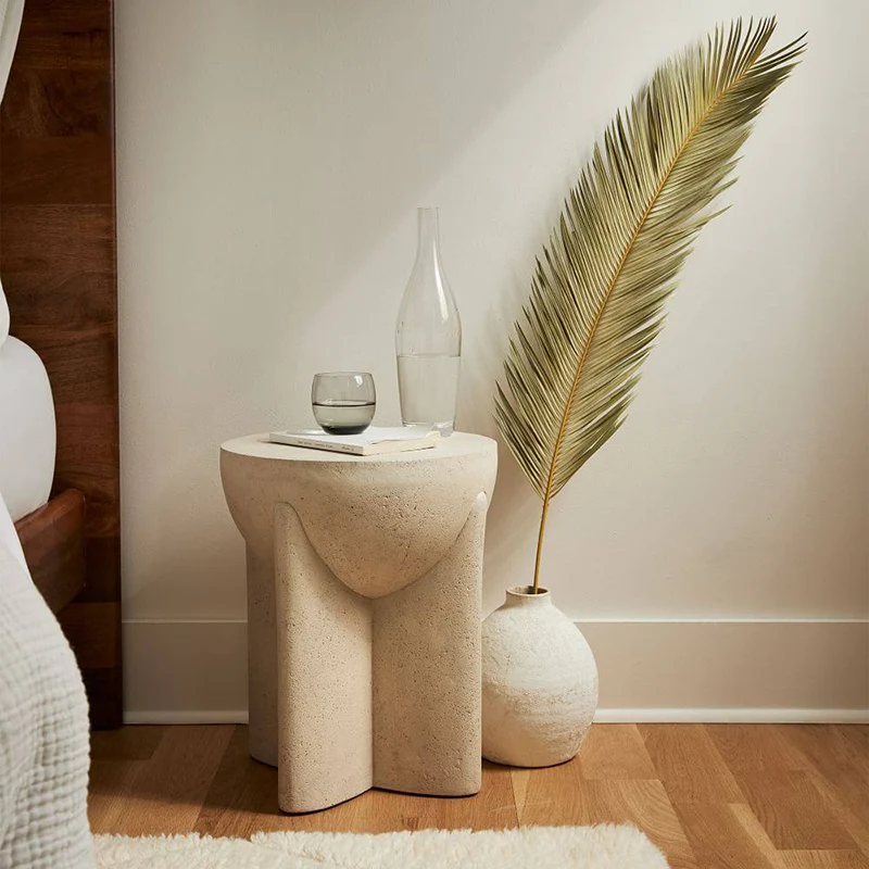 Modern Minimalist Cream Travertine Round Refined Side Table Solid Stone Accent End Table For Living Room & Bedroom