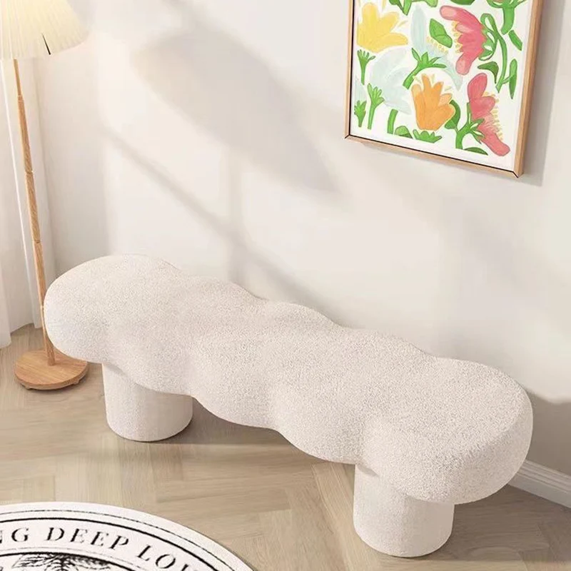 Contemporary Nordic Lamb Fleece Solid Wood Rectangular Bench For Living Room