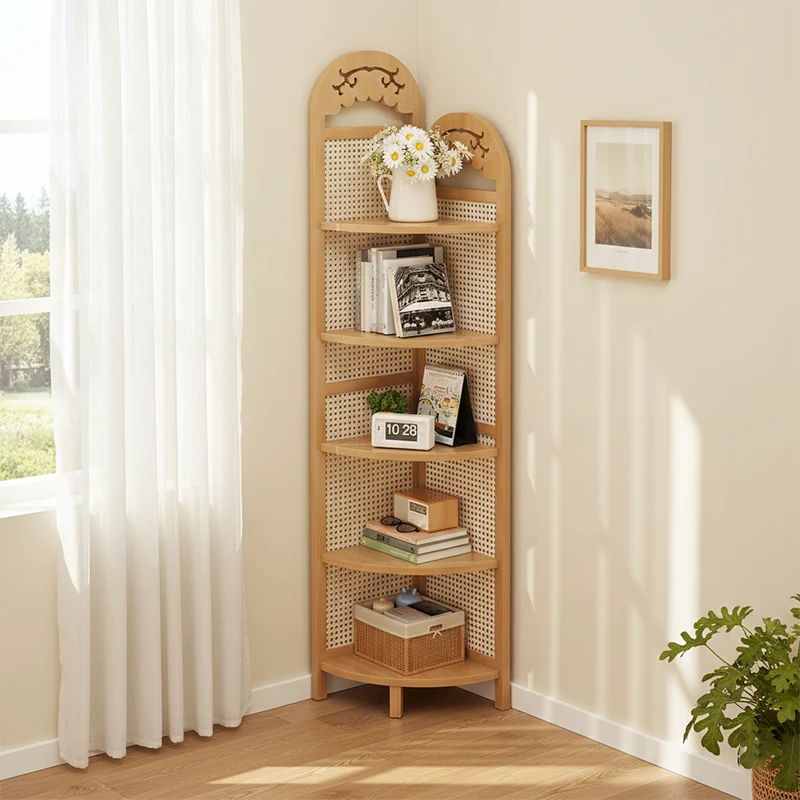 Modern Minimalist Nan Bamboo ABS Plastic Rattan Weaving Fan-shaped Corner Shelf Unit 5-Tier For Living Room