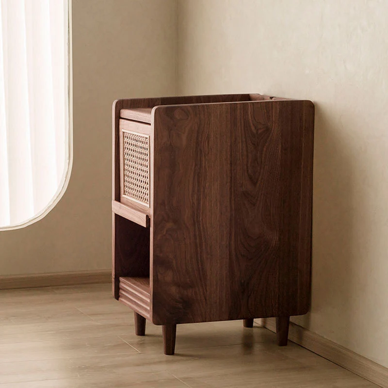 Traditional Chinese Black Walnut Wood Rattan Textured Nightstand With Drawer For Bedroom