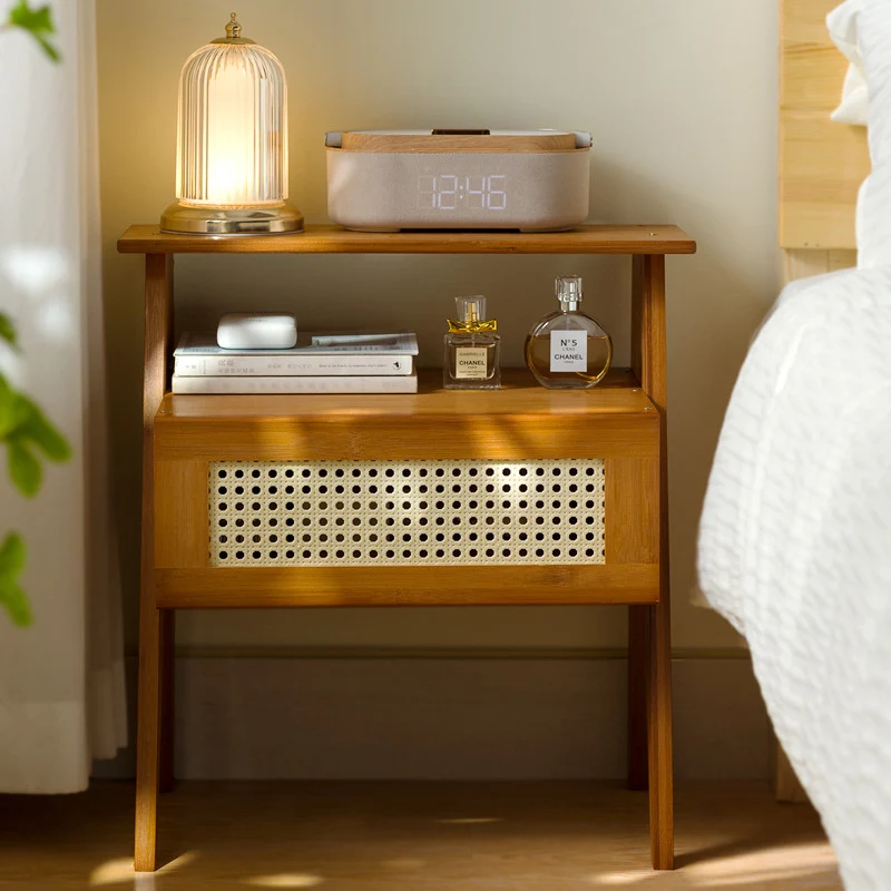 Traditional Vintage Bamboo ABS Rattan Stepped Square Nightstand With 1 Drawer For Bedroom