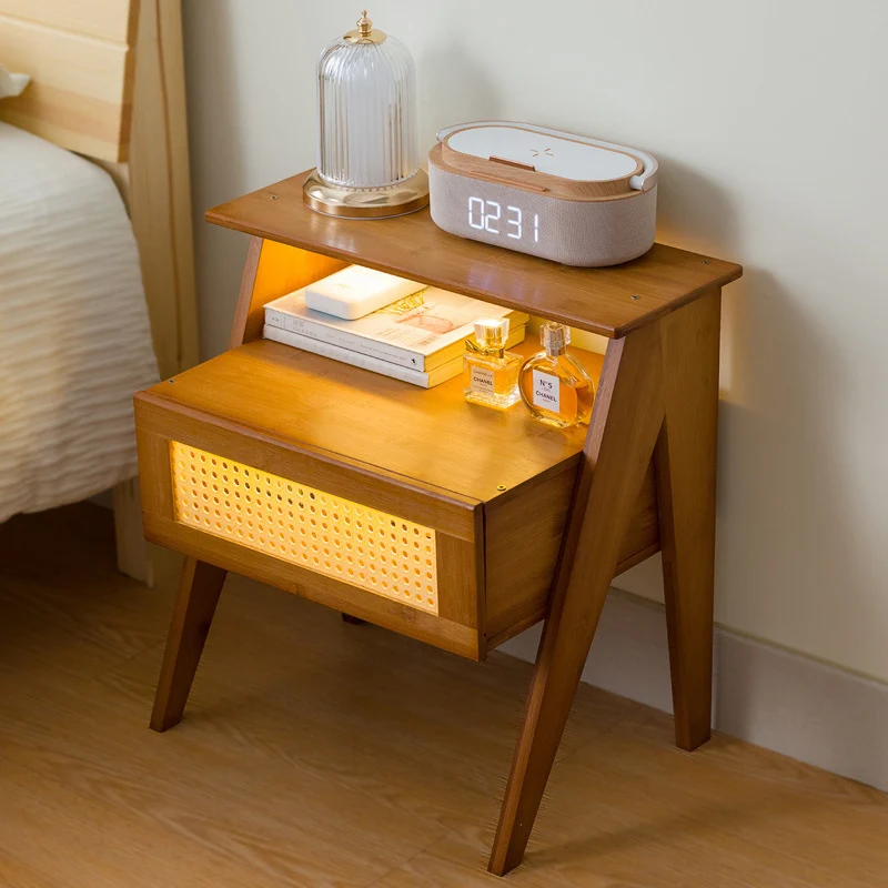 Traditional Vintage Bamboo ABS Rattan Stepped Square Nightstand With 1 Drawer For Bedroom