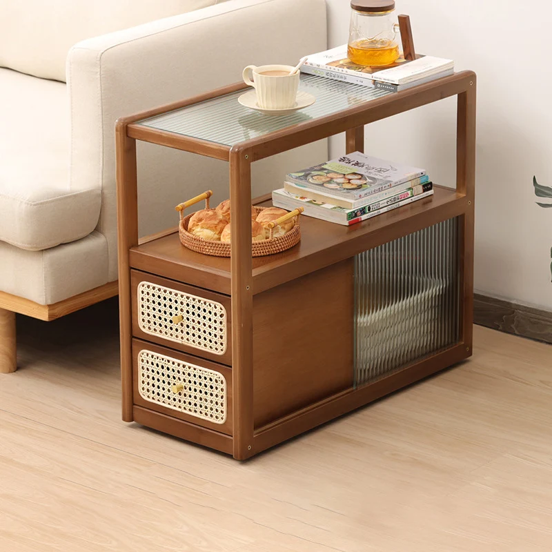 Modern Minimalist Bamboo Solid Wood Plywood Resin Rattan Glass Rectangular Mobile Side Table With 2 Drawers For Living Room