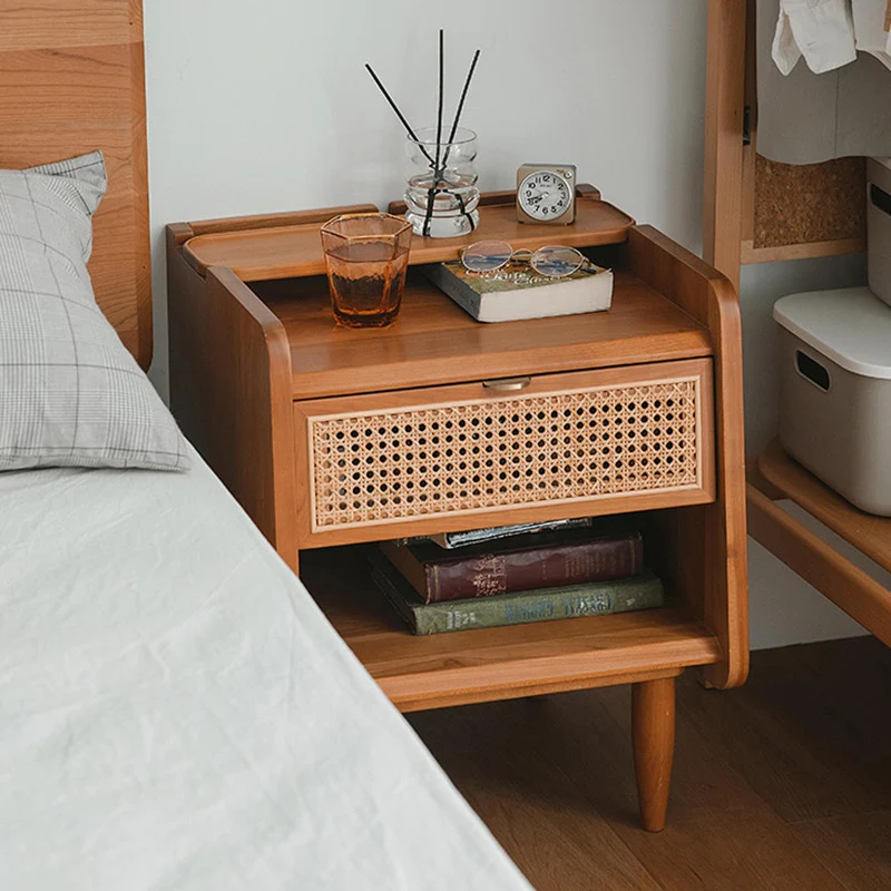 Traditional Vintage Solid Wood Natural Rattan Curved Hollow Rectangular Nightstand With Drawer For Bedroom