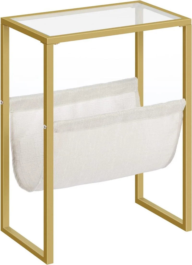 Beistelltisch Schmal Glas Gold Optik Stoff Magazinhalter