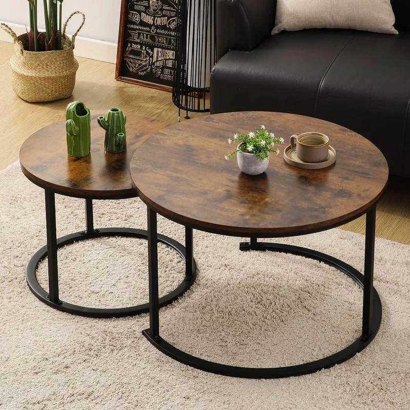 Runder Couchtisch Set 2er Holz Metallgestell Braun Modern