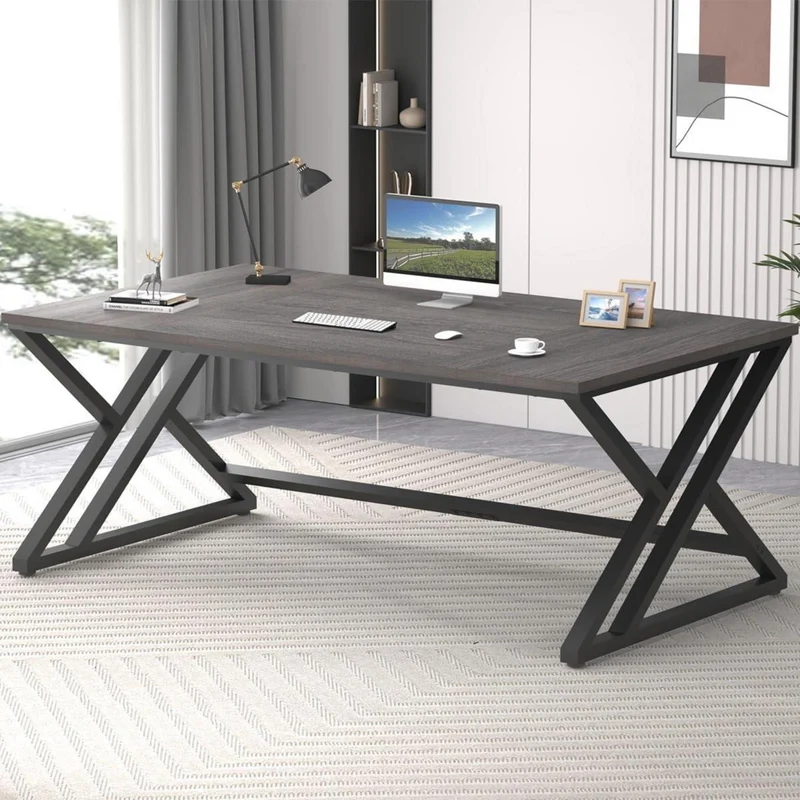 Schreibtisch Dunkelgrau Eiche 180x80cm mit Metallgestell