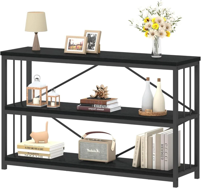 Schmaler Holz Konsolentisch mit Bücherregal, 120x34x74