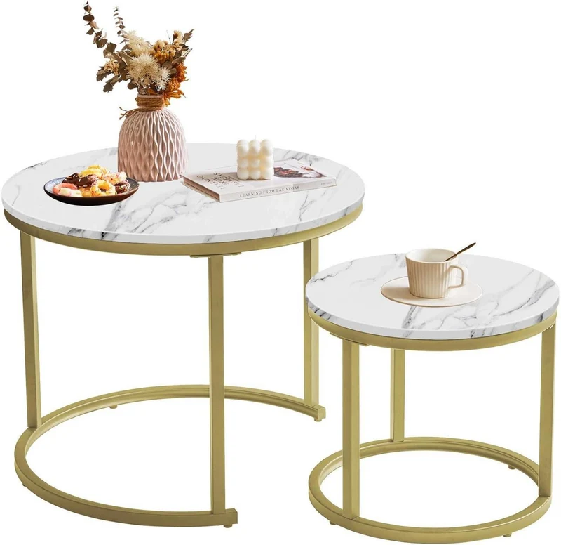 Runder Nisttisch 2er Set Couchtisch Weiß Gold Beistelltisch