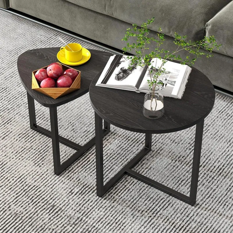Runder Couchtisch 2er-Set Holzoptik Metallrahmen