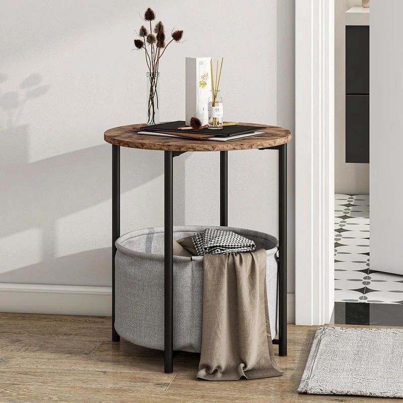 Couchtisch Rund Beistelltisch Holz Stauraum Korb Schwarz