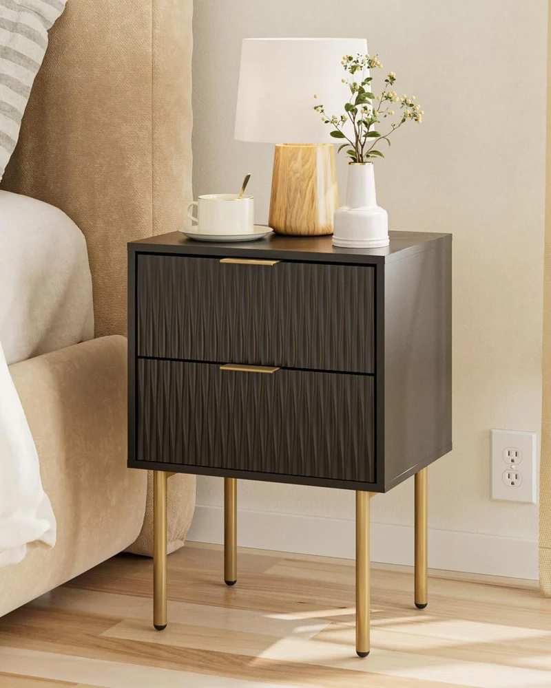 Nachttisch Schwarz Gold 2 Schubladen Modern Nachtkommode