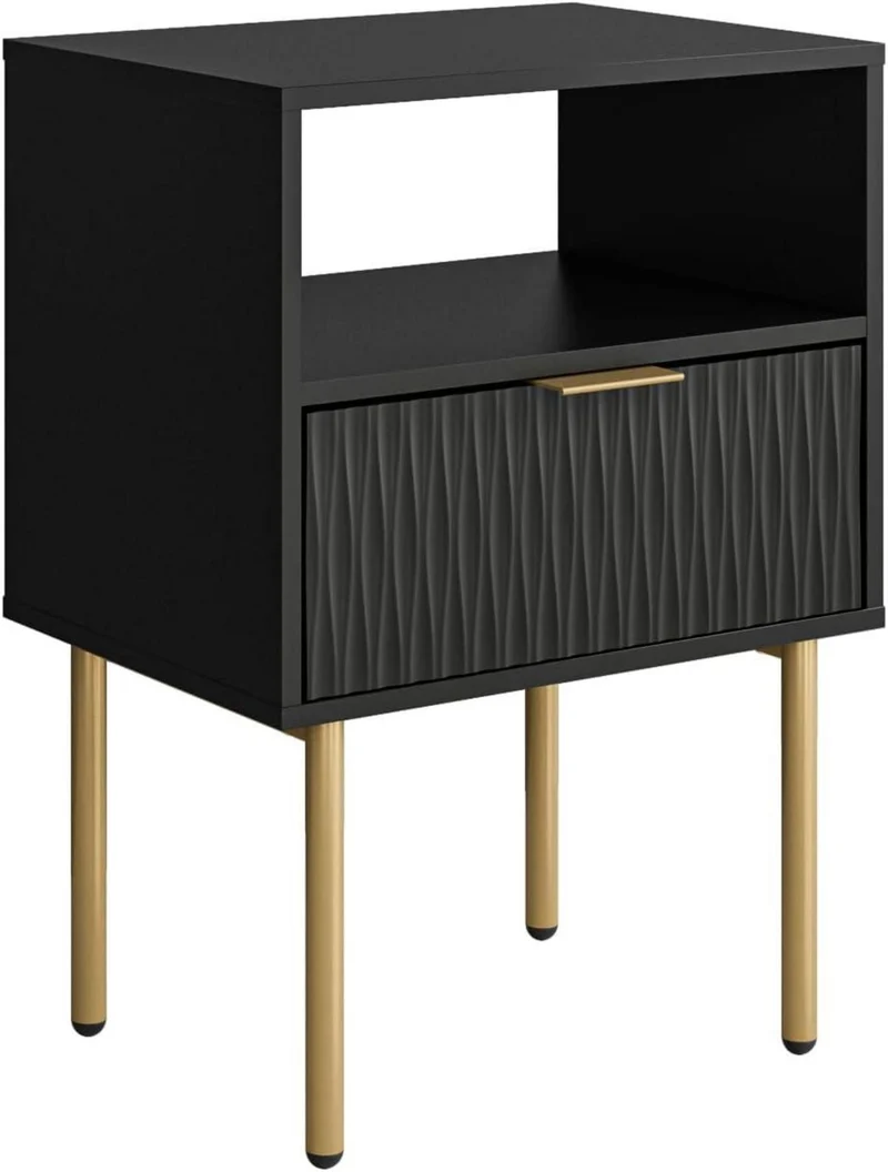 Nachttisch Schwarz Gold MDF Holz Beistelltisch 1 Schublade 1