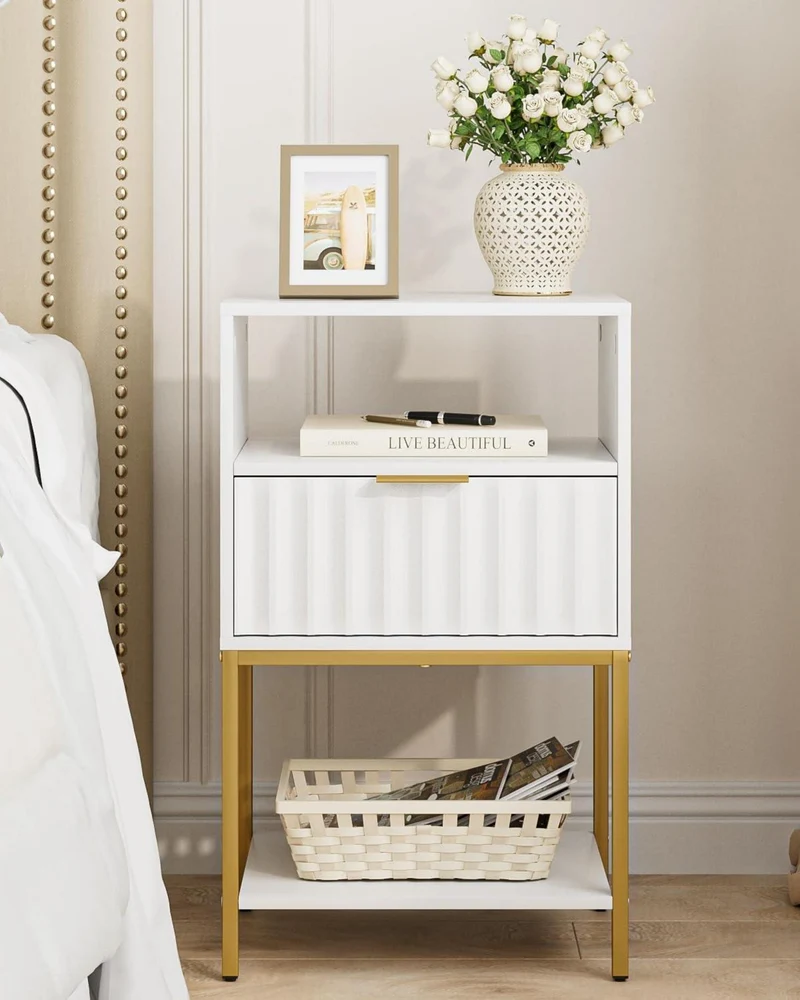 Nachttisch mit Goldrahmen Weiß 3-Tier Lagerung 39x29x64.8 cm