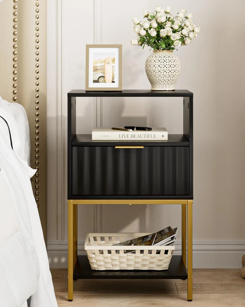 HEYZOEY Nachttisch mit Goldrahmen 3-Tier Schwarz