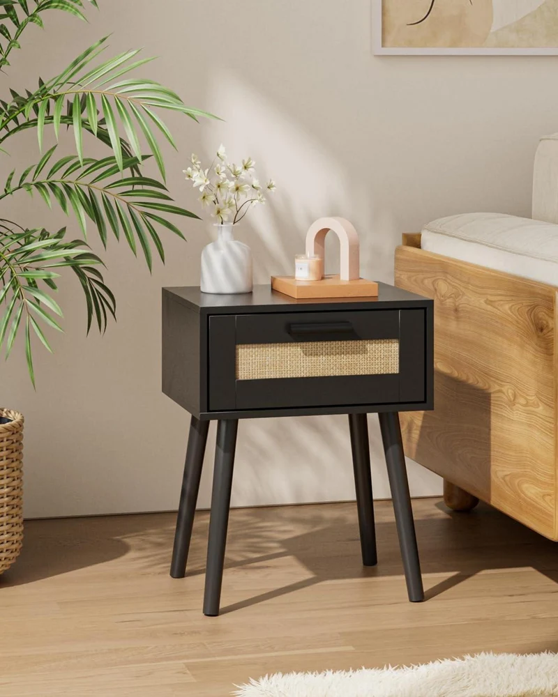 Rattan Nachttisch mit Schublade, Holzbeinen, Natur Eiche