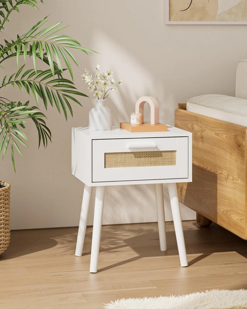 Nachttisch Rattan mit Schublade und Holzbeine - Natur