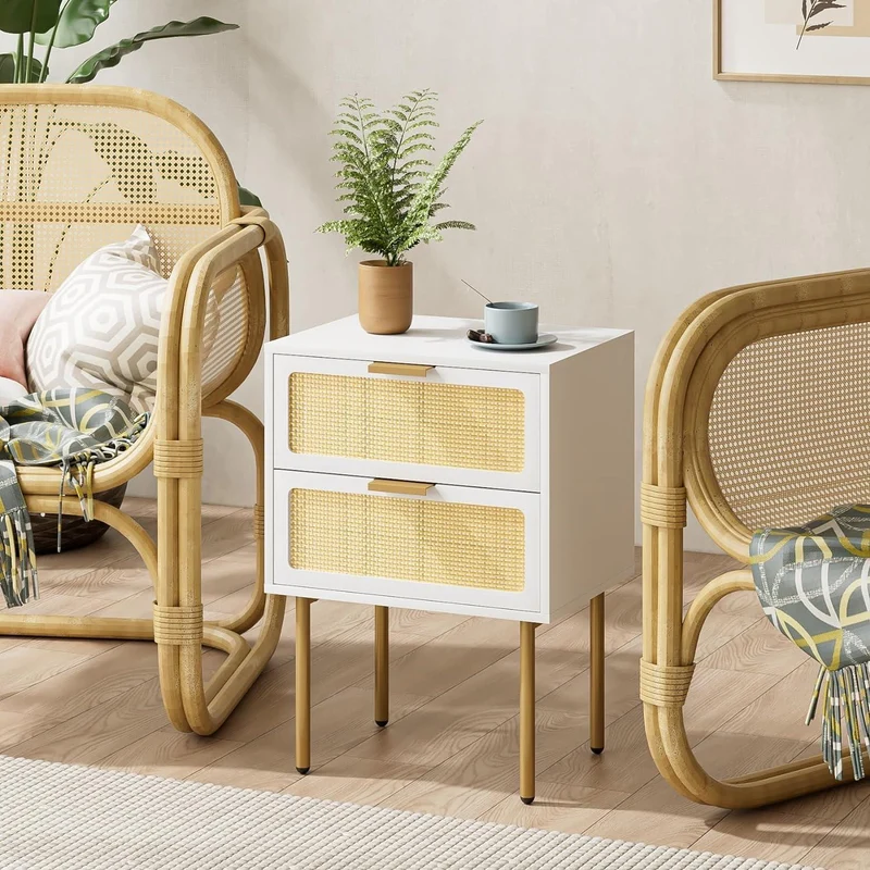Rattan Nachttisch mit 2 Schubladen, Weiß, Bauernhaus-Stil
