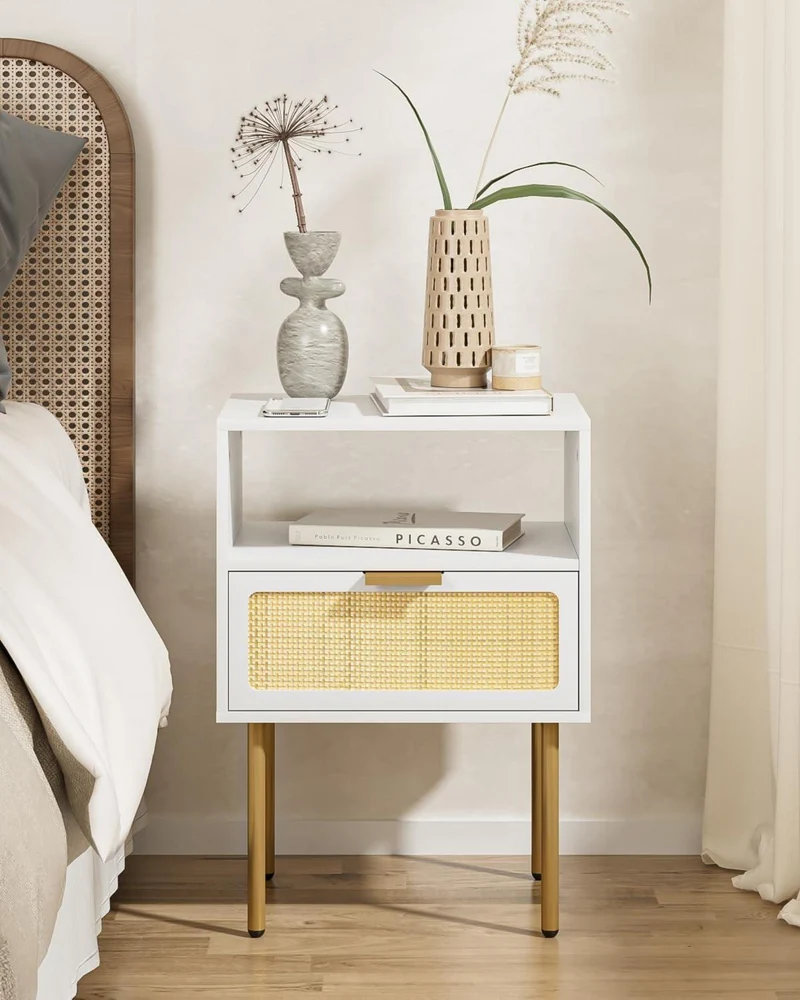 Nachttisch Rattan für Schlafzimmer, Wohnzimmer, Weiß/Gold