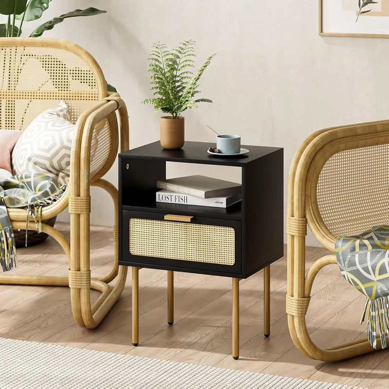 HEYZOEY Rattan Nachttisch mit Schublade, schwarzer