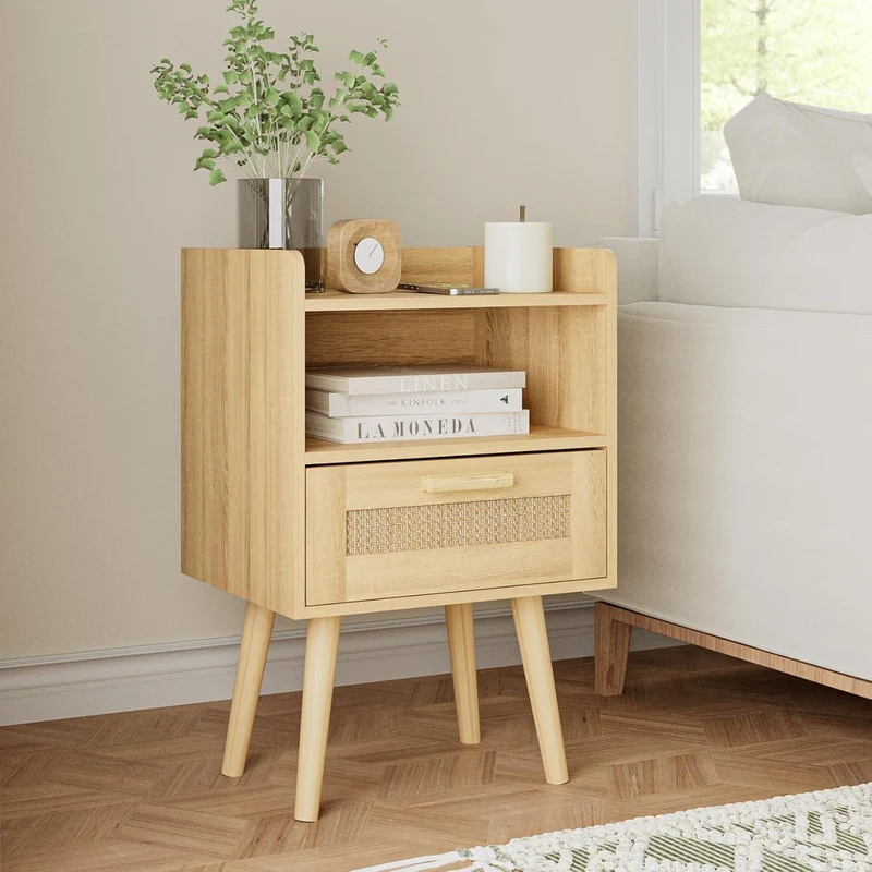 Nachttisch Rattan Beistelltisch Schublade Holz Beine Eiche
