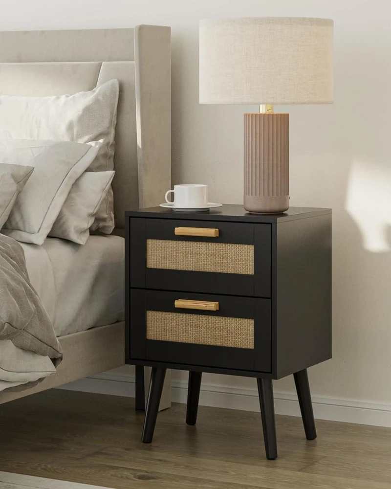 Nachttisch Rattan Schublade Holz Beine Schlafzimmer