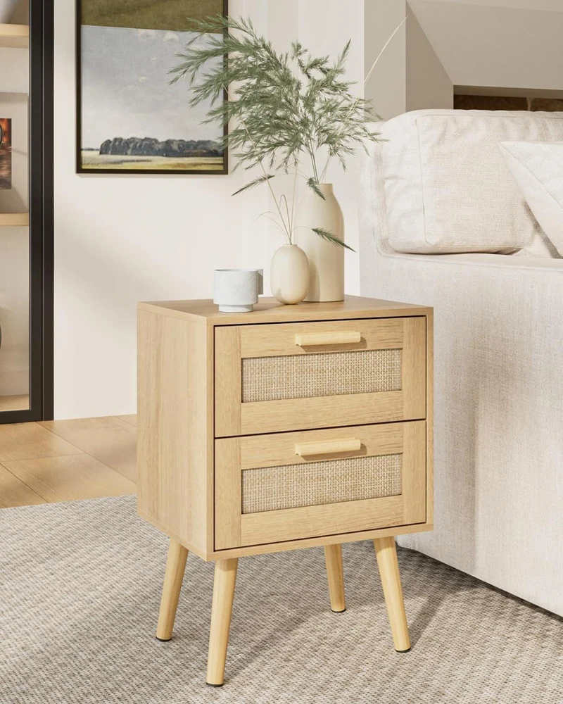 Rattan Nachttisch mit Schublade, Beistelltisch Holz Beine