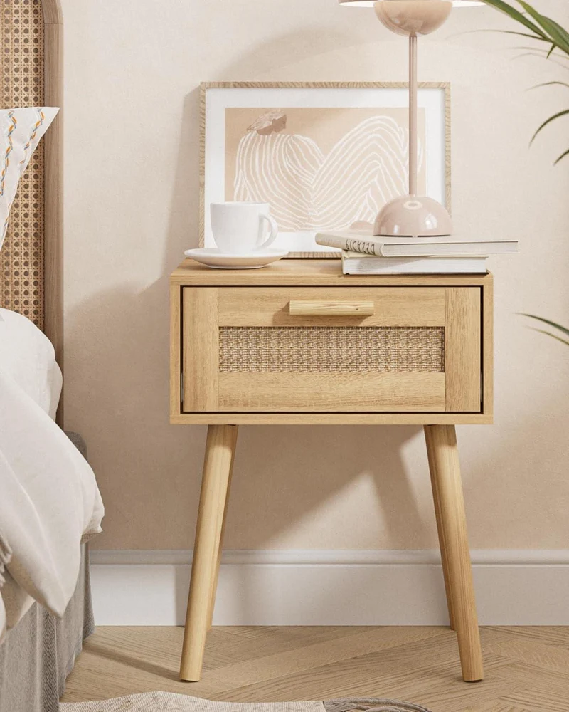 Nachttisch Rattan mit Schublade Holzbeine Schlafzimmer