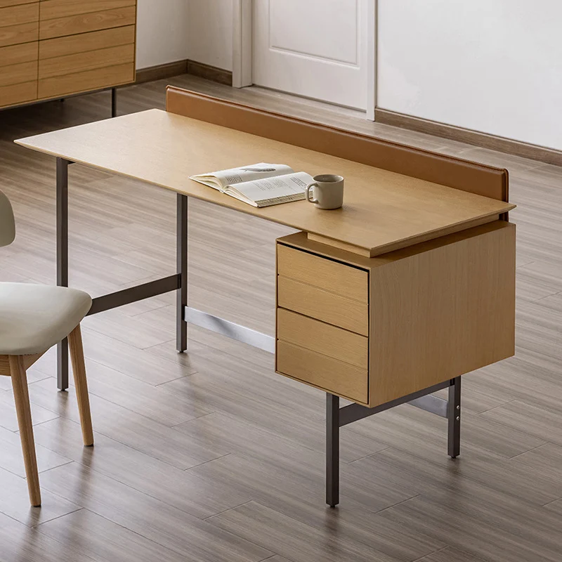 Modern Minimalist White Oak Veneer Solid Wood Plywood Desk With 2 Drawers For Home Office