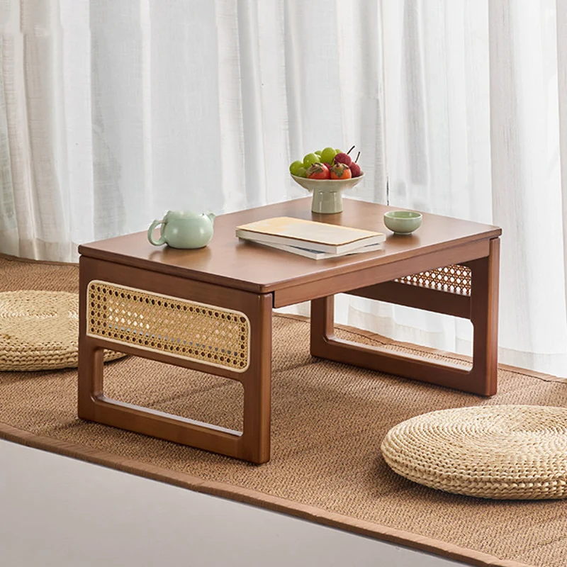 Traditional Japanese Rattan Bamboo Foldable Rectangular Openwork Coffee Table 1-Tier For Living Room