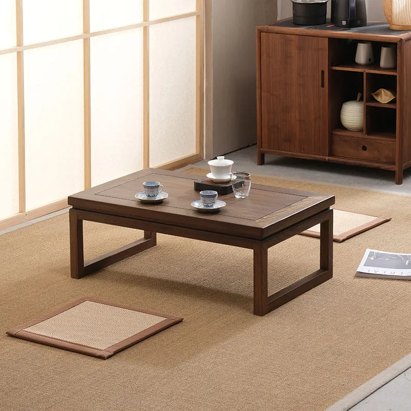 Traditional Japanese Elm Wood Rectangular Coffee Table 1-Tier For Living Room