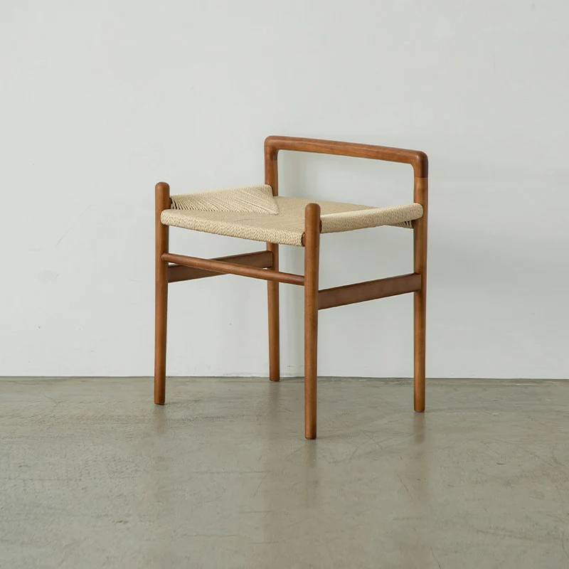 Traditional Chinese Kraft Paper Rope Rubberwood Square Cylindrical Low Stool With Backrest For Living Room
