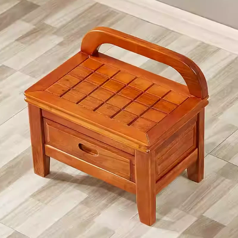 Traditional Chinese Solid Wood Grid Square Low Stool With Backrest For Living Room