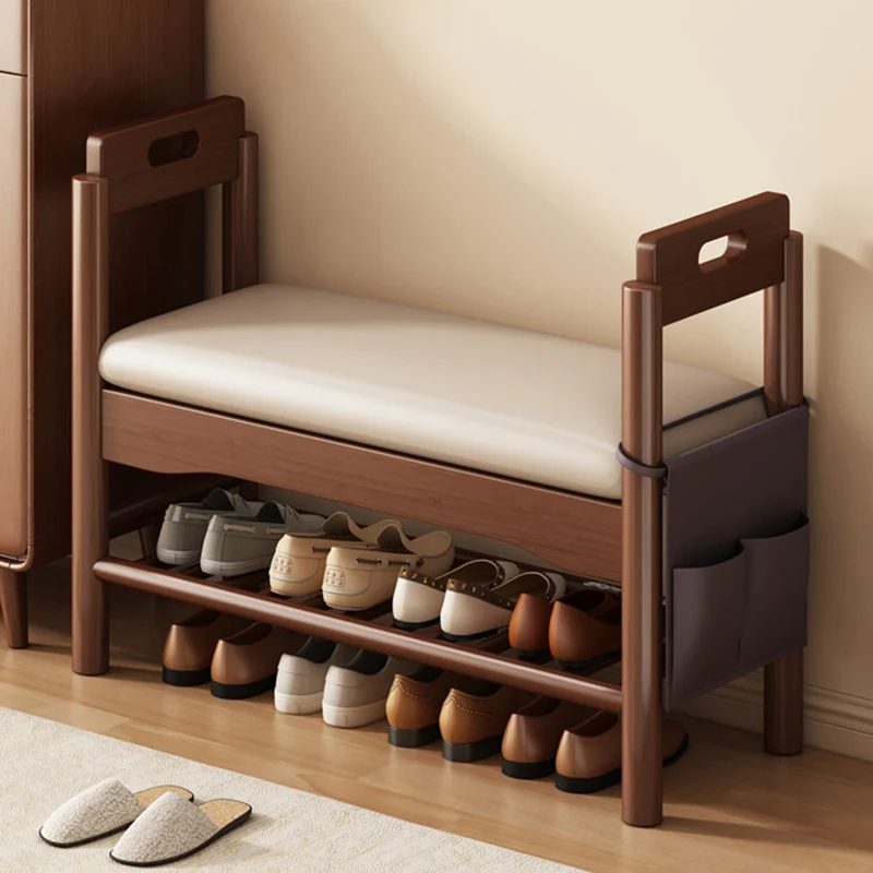 Traditional Vintage PU Leather Rubberwood Rectangular Shoe Bench 1-Tier For Living Room