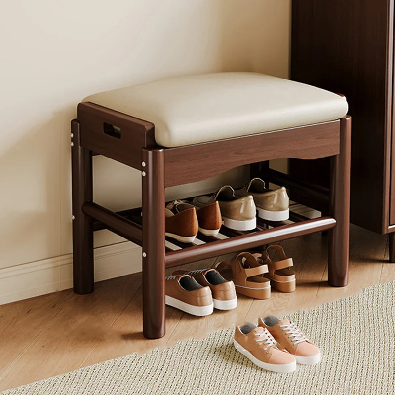 Traditional Chinese Rubberwood PU Leather Rectangular Cylindrical Shoe Bench 1-Tier For Living Room