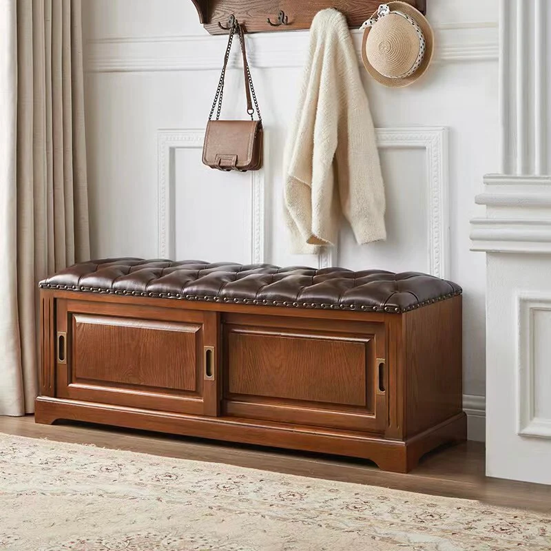 Traditional Chinese Solid Wood Second-Layer Cowhide Rectangular Shoe Bench 2-Storage For Living Room