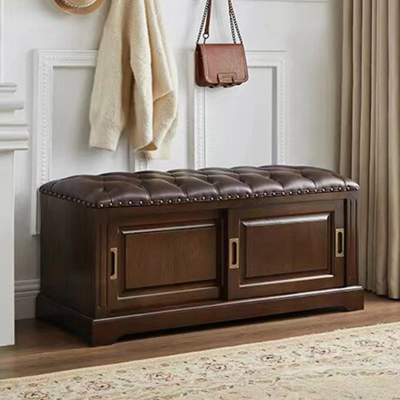 Traditional Chinese Solid Wood Second-Layer Cowhide Rectangular Shoe Bench 2-Storage For Living Room