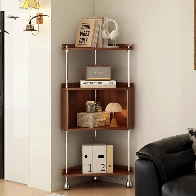 Contemporary Retro Plywood & Stainless Steel Triangular Corner Shelf Unit With 4/5-Tier Open Storage For Living Room & Bedroom