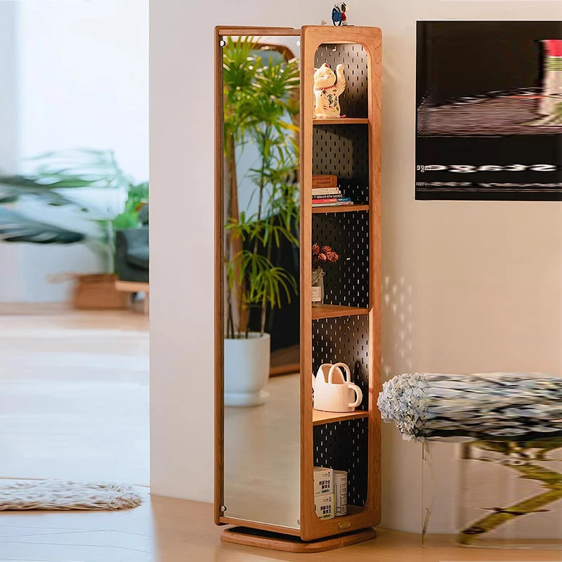 Contemporary Nordic Cherry Wood Aluminum Plywood Square Display Rack 5-Tier Swivel Full-Length Mirror Side Pegboard Storage For Living Room